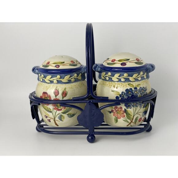 CIC Vintage Large Floral Salt and Pepper Shaker Set w Carrier/Holder - Picture 2 of 14